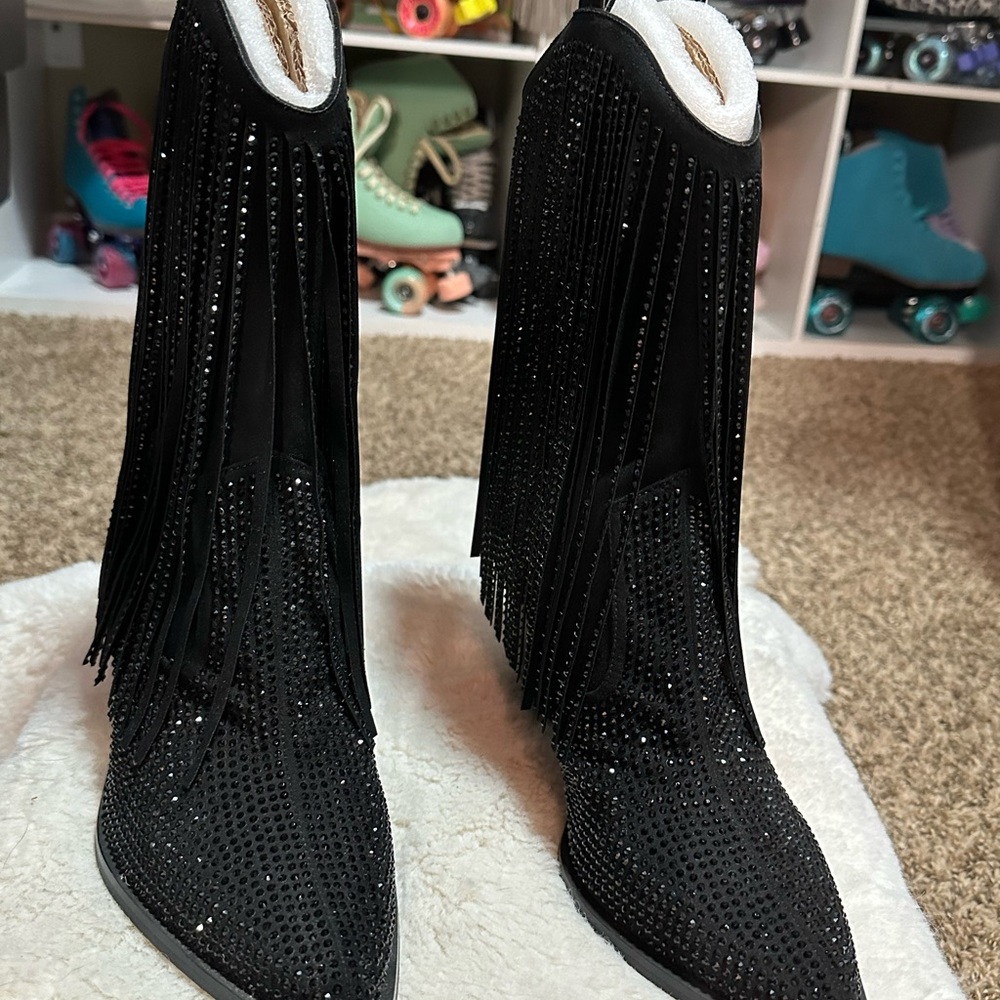 Jessica Simpson Paradisa Black Heeled Boots with Fringe